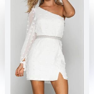 Runaway the Label White Alira One Shoulder Long Sleeve mini Dress | S